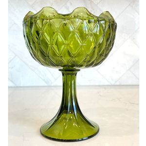 Vintage Indiana Glass Green Scalloped Edge Quilted Pedestal Compote Bowl 9"